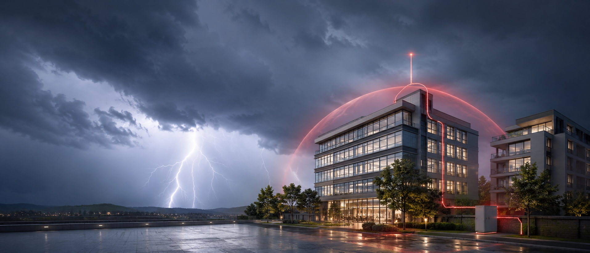 Bâtiment avec une bulle de protection rouge à proximité d'un orage dans une ville grise sous la pluie avec du tonnerre et des éclairs