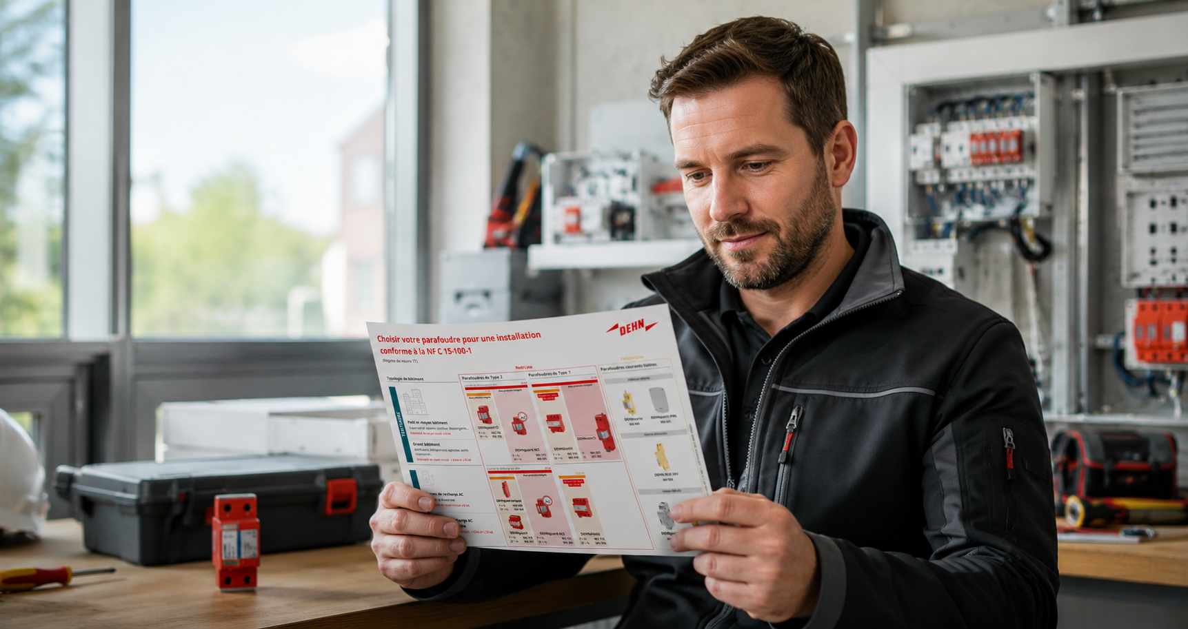 professional electricity reading a flyer about spd in a large office with panels