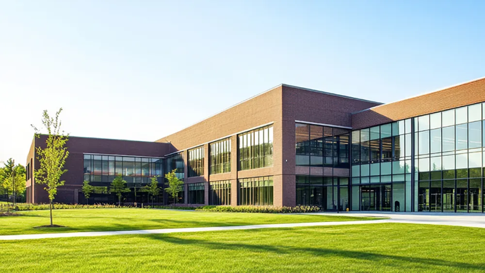 industrial building with grass in front of it