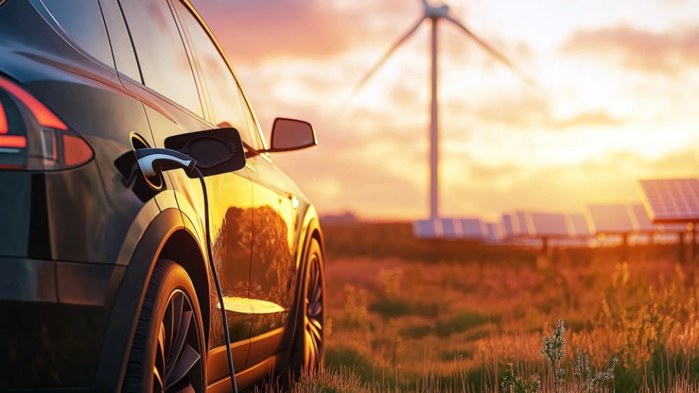 Electric car charging at a station in a field with a wind turbine in the background at sunset