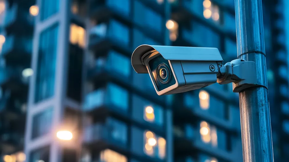Security camera mounted on a metal pole with blurred apartment buildings and lights in the background.