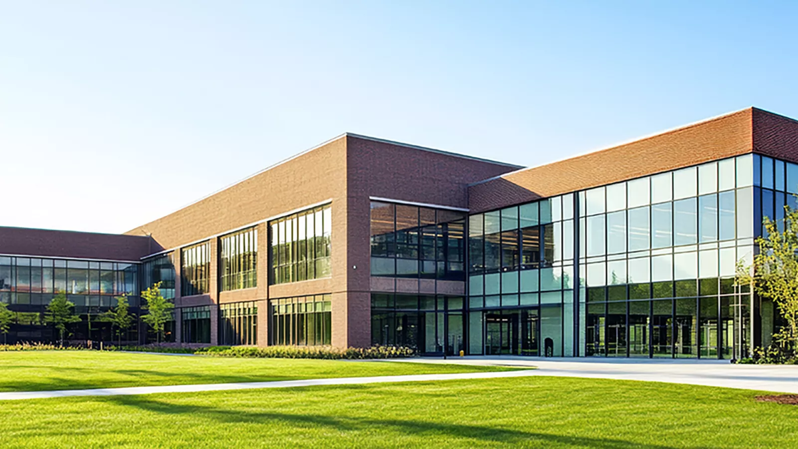 industrial building with gras in front of it