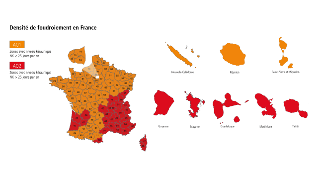 Map of France: Lightning Strike Density in France and the French Overseas Departments and Territories (DOM-TOM) - DEHN Standards