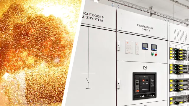 Arc flash with bright sparks on the left, next to an electrical switchgear cabinet with protection system and control panels on the right.