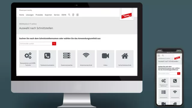 Desktop and smartphone screens showing the DEHNselect interface selection tool with icons for different technologies.