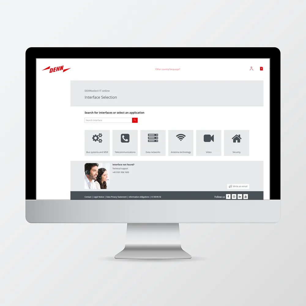 Écran avec l’interface DEHNselect IT, composé de différents champs et textes.