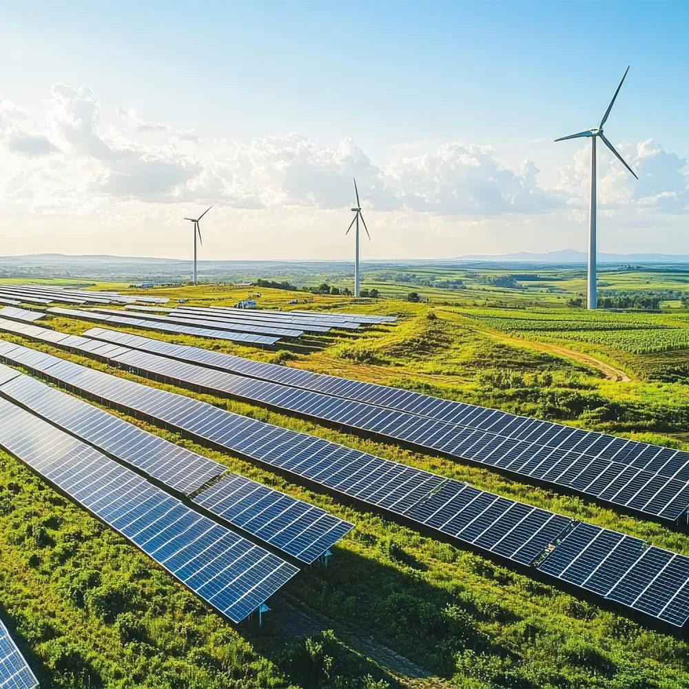 L'image montre une grande installation PV au sol sur une prairie verte. Des éoliennes sont visibles en arrière-plan.