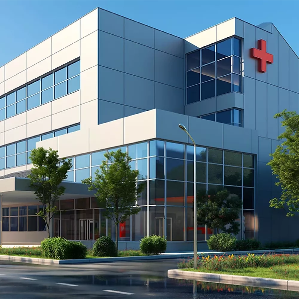 Hôpital avec croix rouge sur la façade latérale.