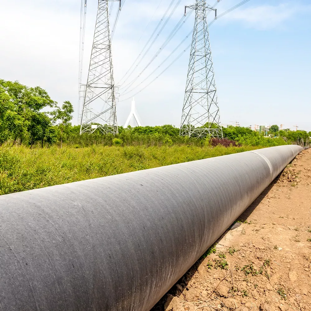Large above-ground pipeline running through a grassy field with power line towers in the background.