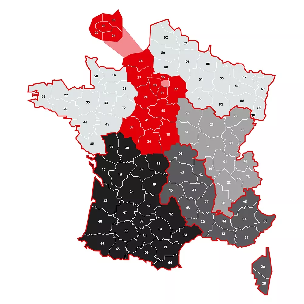 Map of France divided into numbered regions, colored in red, gray, and black, with highlighted areas and borders.