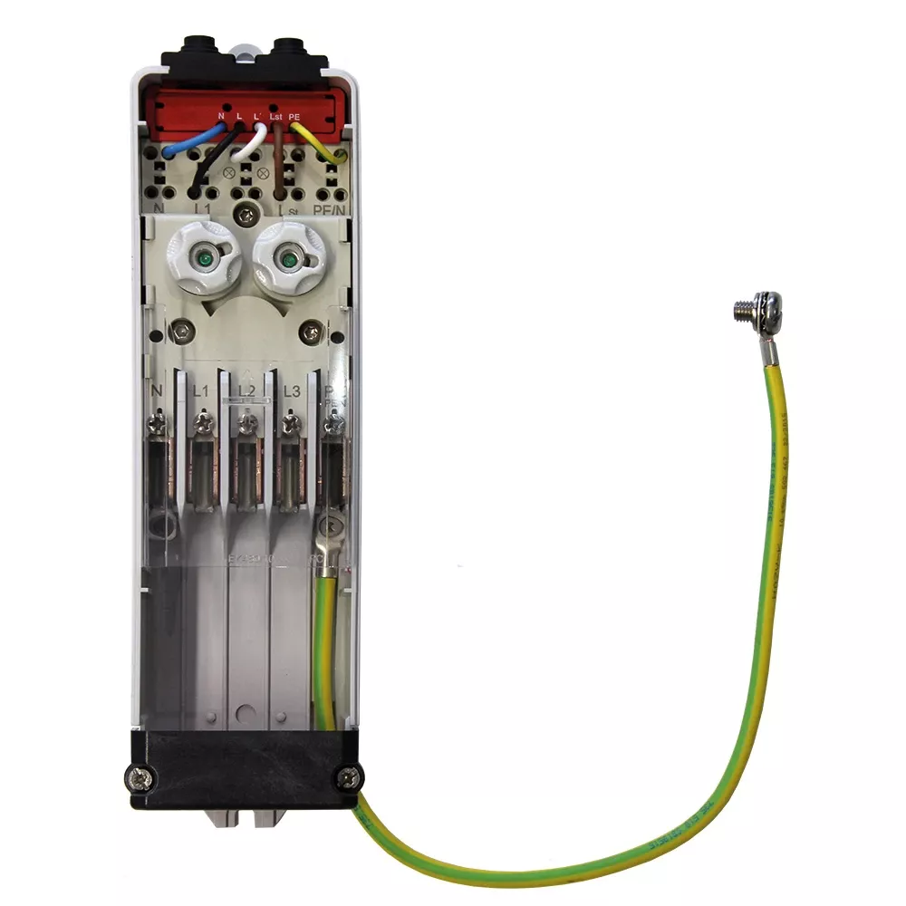 Open electrical terminal box with labeled connections L1, L2, L3, N, and PE, and a green-yellow grounding cable attached.