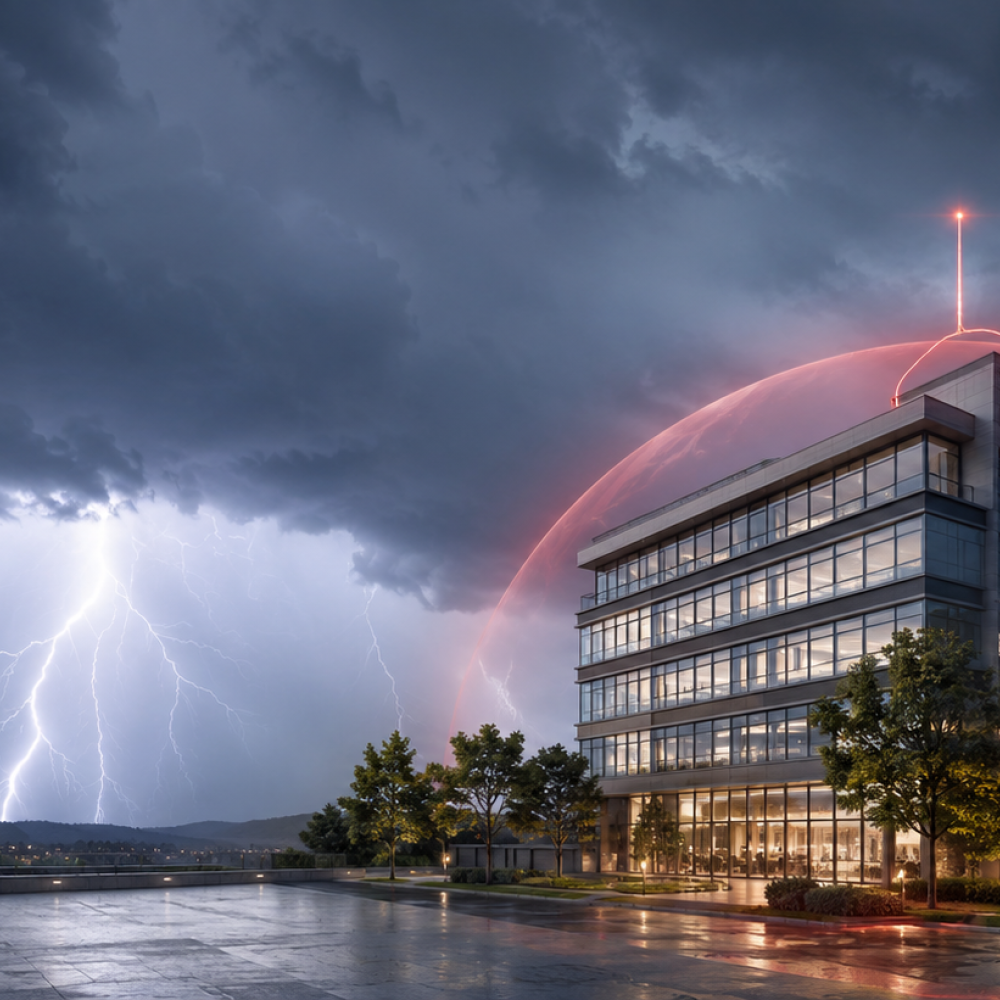 Bâtiment avec une bulle de protection rouge à proximité d'un orage dans une ville grise sous la pluie avec du tonnerre et des éclairs
