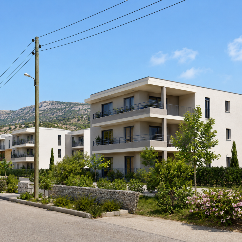 Image of a residential building in the South of France with a landscape and a blue sky with electric lines in the street