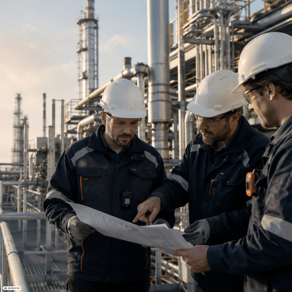 3 men front of a industry planning protection against lightning for hazardous areas