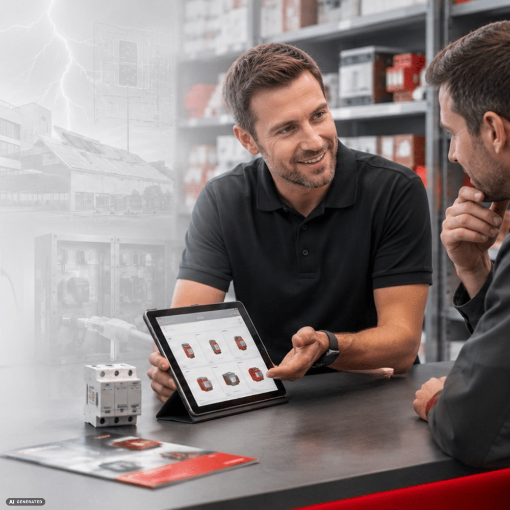 Wholesaler with customer explaining surge protection