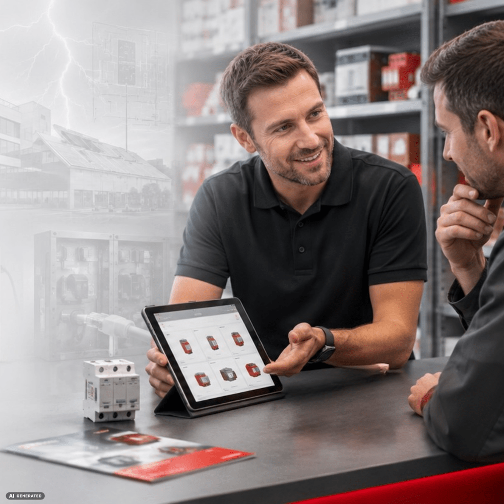 Wholesaler with customer explaining surge protection