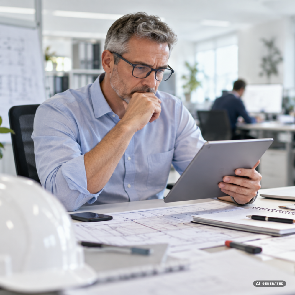 Homme avec des lunettes dans un open space d'un bureau d'étude assis à son bureau lit sa tablette pour comprendre les parafoudres