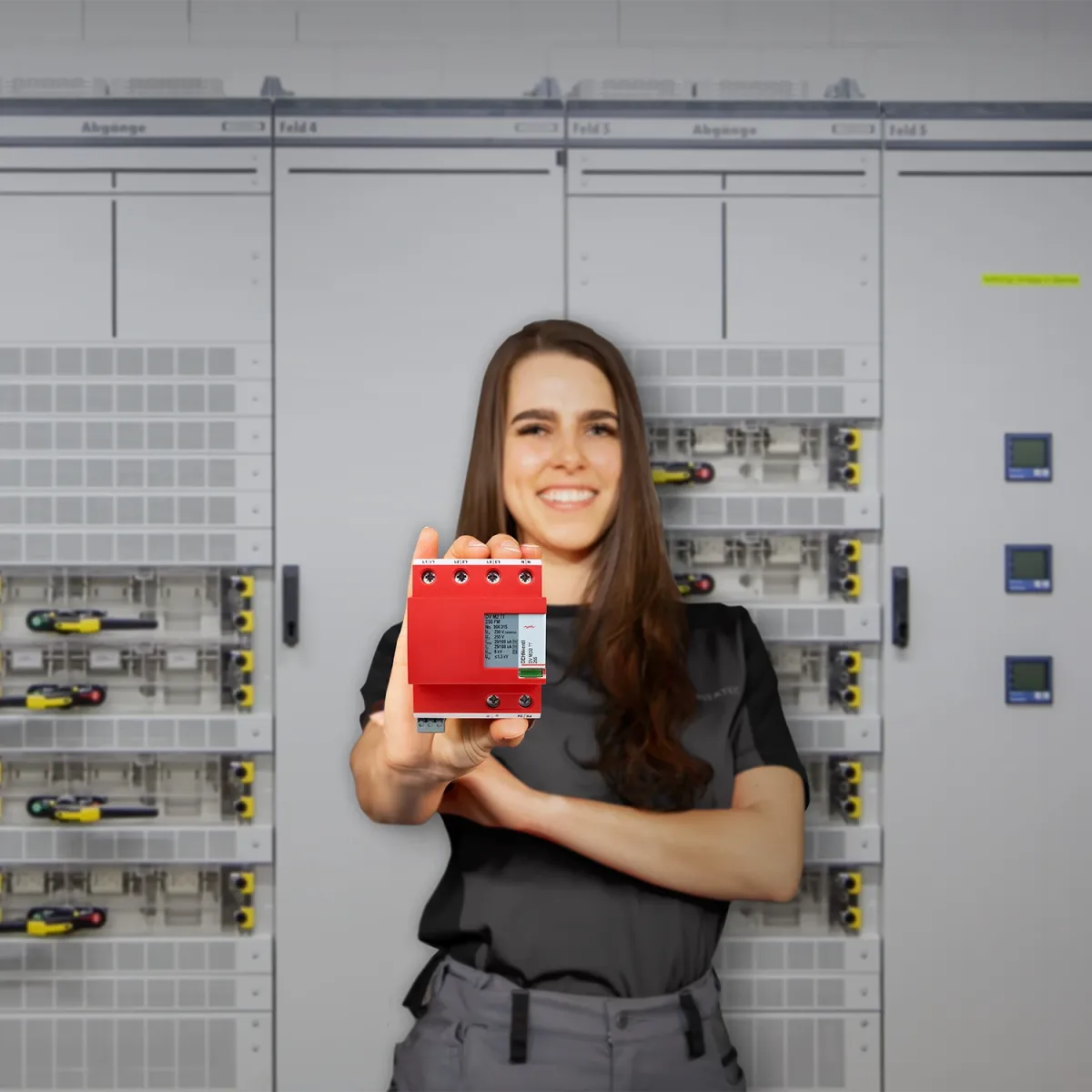 Une femme avec un parafoudre combiné rouge à la main se tient devant un tableau de distribution basse tension.