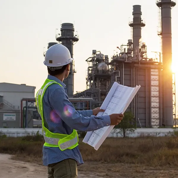Ingenieur mit Bauplänen vor Industrieanlage
