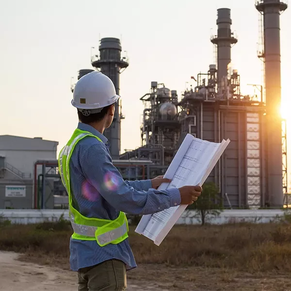 Ingenieur mit Bauplänen vor Industrieanlage