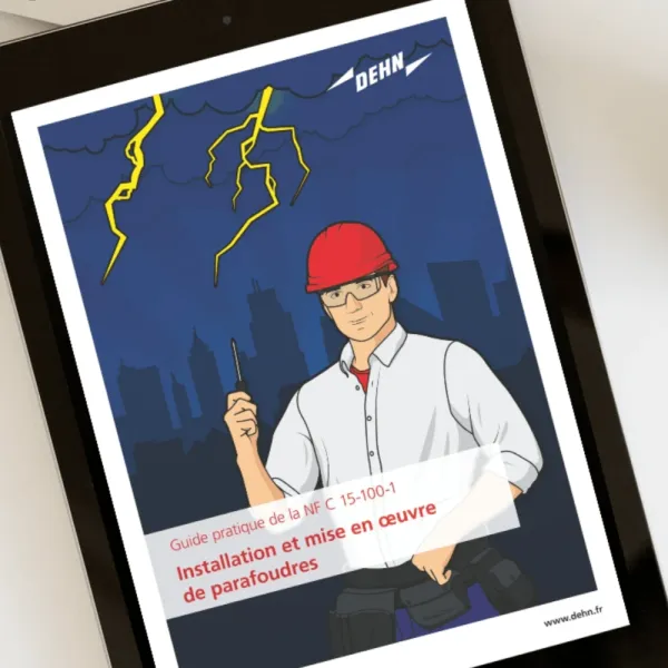 Brochure cover showing electrician with helmet and lightning, guide for installing surge protection devices (NFC 15-100 standard).