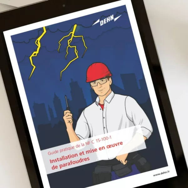 Brochure cover showing electrician with helmet and lightning, guide for installing surge protection devices (NFC 15-100 standard).