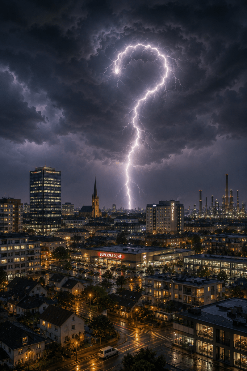 A city plunged into darkness during a thunderstorm, with a question-mark-shaped bolt of lightning striking the ground near a house, apartment building, offices, supermarket, church, factory, building, and hotel