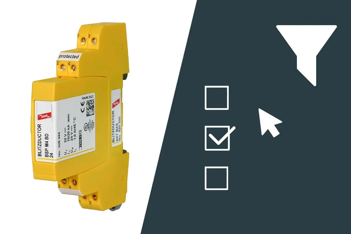 Image of a yellow BLITZDUCTOR surge protection module with selection and filter icons on a dark background.