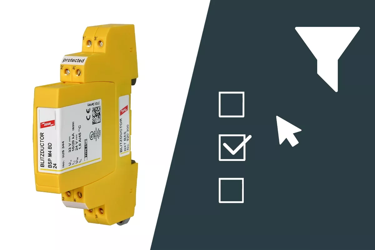 Image of a yellow BLITZDUCTOR surge protection module with selection and filter icons on a dark background.