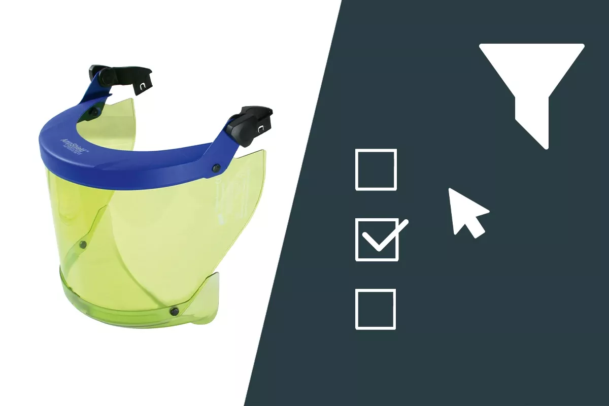 Face shield with blue frame and yellow visor shown next to filter and selection icons on a dark background.