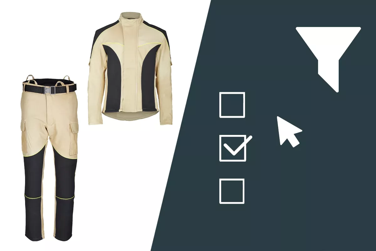 Protective work jacket and trousers in beige and black displayed next to filter and selection icons.